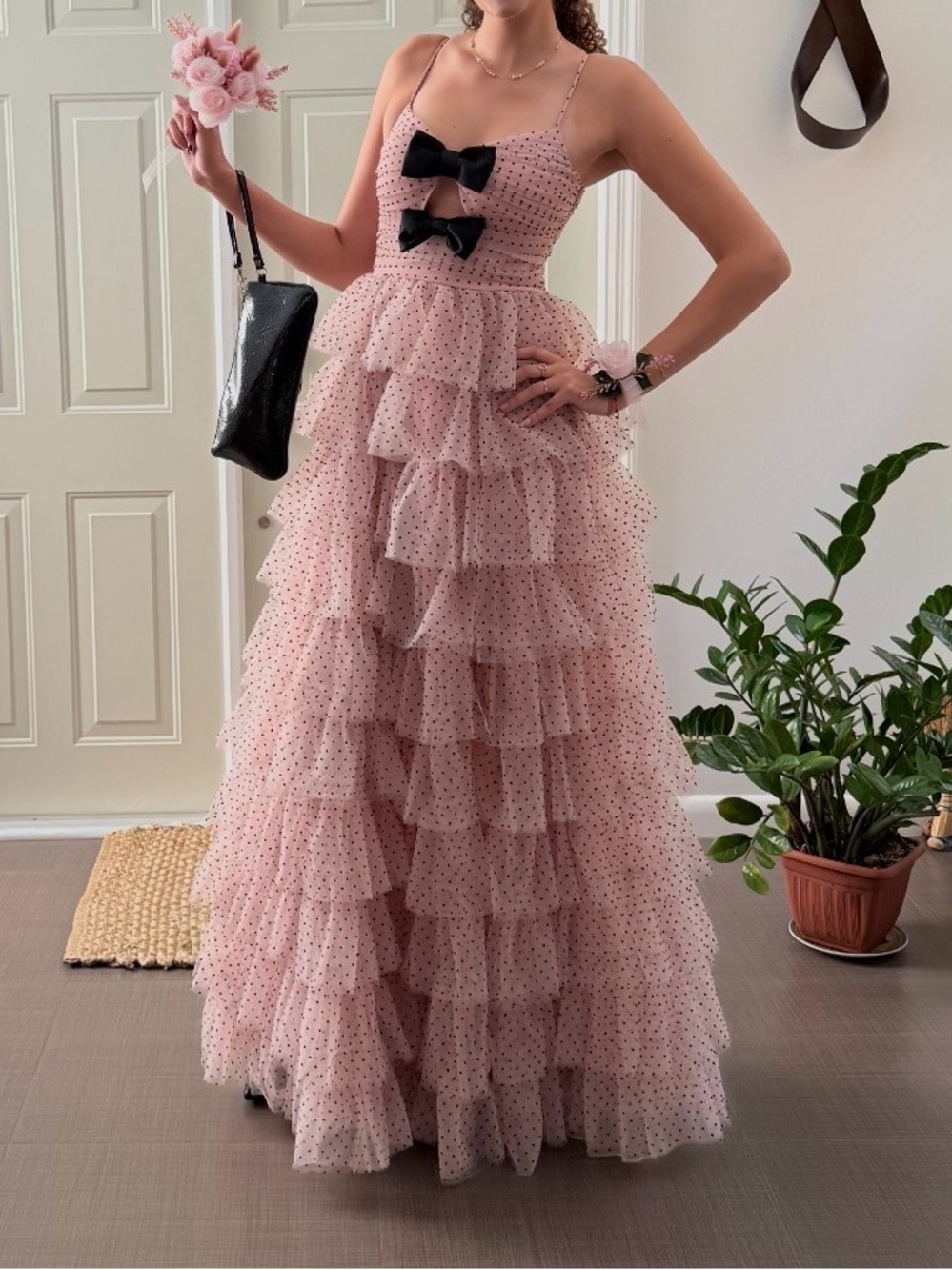 PROM Dress- Romantic Pink Tiered Tulle Maxi Dress with Black Bow Accents